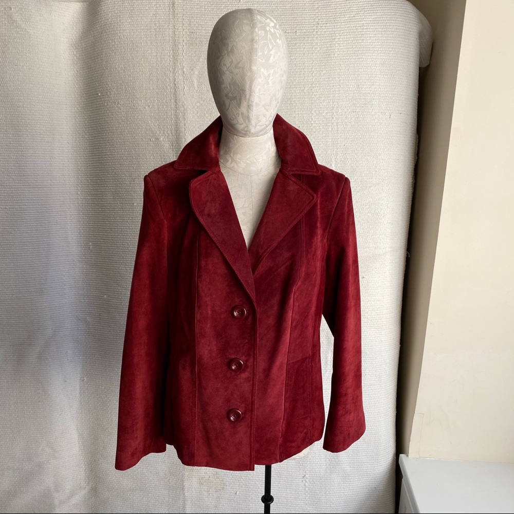 Vintage 90s L Red Suede Leather Jacket Burgundy - Picture 2 of 8